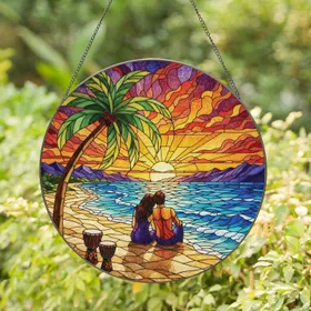 Loving Couple Beach Sunset Palm Tree Ocean Drums - Home Decor Gift for Couples Stained Glass Suncatcher
