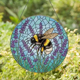 Bumblebee Lavender Flowers Stained Glass - Home Decor Gift for Bee Lovers Stained Glass Suncatcher