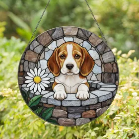Beagle Puppy Daisy Pebbles Circular Stone Well - Home Decor Gift for Dog Lover Stained Glass Suncatcher