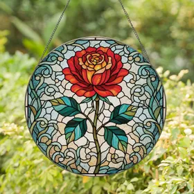 Red Rose Multi-Faceted Leaves Swirling Filigree Mosaic Garden Vista - Home Decor Gift Stained Glass Suncatcher