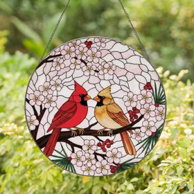 Cardinals Cherry Blossom Pine Branch Red Berries Home Decor Gift Bird Lover Stained Glass Suncatcher