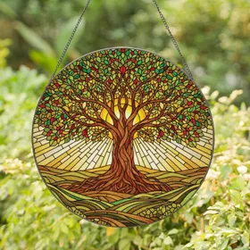 Ancient Tree of Life Rolling Hills Sunrise Sunset - Home Decor Gift Stained Glass Suncatcher