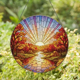 Jewel Tone Autumnal Winding River Radiating Sunset Glowing Sky - Home Decor Gift Stained Glass Suncatcher