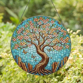 Gnarled Tree Flowers Books Butterflies - Home Decor Gift for Book Lovers Stained Glass Suncatcher