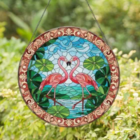 Flamingo Heart Tropical Stained Glass Tiffany Style with Lush Foliage and Mosaic Border Stained Glass Suncatcher