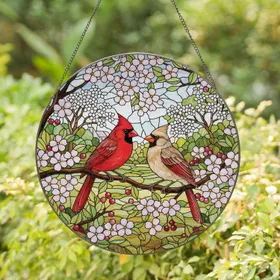 Red Male Female Cardinal Pair & Cherry Blossom - Translucent Tiffany Style Spring Garden Art Stained Glass Suncatcher