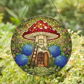 Whimsical Mushroom House Stained Glass Forest Suncatcher with Glowing Window & Blue Hydrangeas Stained Glass Suncatcher