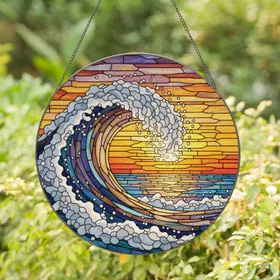 Ocean Wave Stained Glass Sunset Sky Tiffany Mosaic Art - Jewel Tone Window Decor Stained Glass Suncatcher