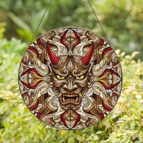 Fierce Japanese Hannya Oni Mask Stained Glass - Tiffany Style Flame Aura Art with Golden Fangs Stained Glass Suncatcher