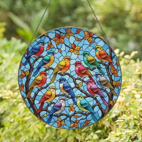 Nine Songbirds Stained Glass Tiffany Style Artwork Autumn Leaves Jewel Tones Blue Sky Mosaic Stained Glass Suncatcher