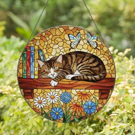 Sleeping Tabby Cat Colorful Books Wildflowers Butterflies Tiffany Glass Stained Glass Suncatcher