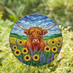 Highland Cow Sunflowers Purple Wildflowers Rolling Hills Tiffany Stained Glass Gift Stained Glass Suncatcher