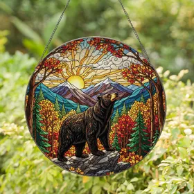 Majestic Black Bear Sky-Gazing Stained Glass Art - Autumn Trees Mountains Sunrays Stained Glass Suncatcher