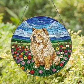 Chow Chow Dog Stained Glass Art Wildflowers Hills – Tiffany Style Jewel Tone Design Stained Glass Suncatcher