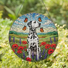Dalmatian Dog Butterflies Wildflowers Stained Glass - Countryside Scenic Art Gift Stained Glass Suncatcher