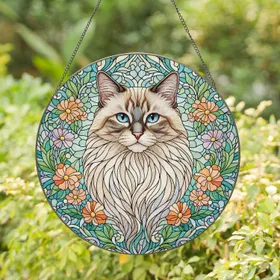 Majestic Ragdoll Cat Stained Glass Blue Eyes Cream Brown Fur - Tiffany Style Floral Mosaic Art Stained Glass Suncatcher