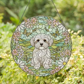 Maltese Dog Stained Glass Art, Flowers & Butterflies, Intricate Tiffany Style Nature Scene Stained Glass Suncatcher