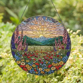 Tiffany Stained Glass Wildflower Meadow Poppies Lupines Mountain Sunset Landscape Stained Glass Suncatcher