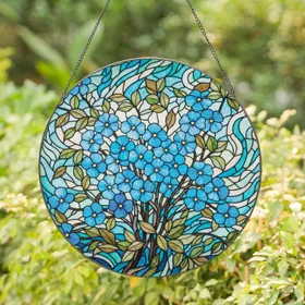 Blue Blossoms Tiffany Stained Glass Art - Jewel Tone Water Mosaic Green Leaves Decor Stained Glass Suncatcher