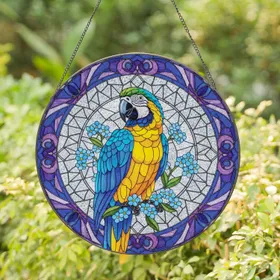 Blue Yellow Macaw Stained Glass Mosaic Art - Forget-Me-Nots Tiffany Style Home Decor Stained Glass Suncatcher