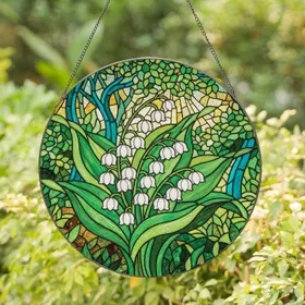 White Lily of the Valley Stained Glass Art Emerald Green Leaves Forest Garden Tiffany Stained Glass Suncatcher