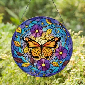 Monarch Butterfly Tiffany Style Stained Glass Botanical Flowers - Nature Home Decor Garden Gift Stained Glass Suncatcher