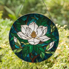 Magnolia Flower Stained Glass Window Art - Intricate Tiffany Jewel Tone Botanical Decor Gift Stained Glass Suncatcher