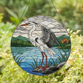 Majestic Great White Crane Heron Stained Glass Art - Tiffany Style Nature Marsh Landscape Stained Glass Suncatcher