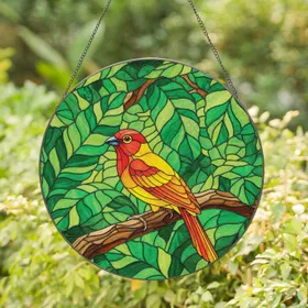 Vibrant Red Head Yellow Songbird Tiffany Stained Glass Tropical Foliage Art Stained Glass Suncatcher