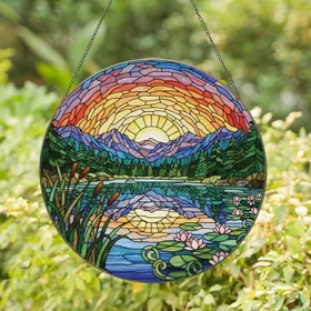 Tiffany Glass Lake Mountains Forest Scene Aquatic Plants - Home Decor Window Gift Stained Glass Suncatcher