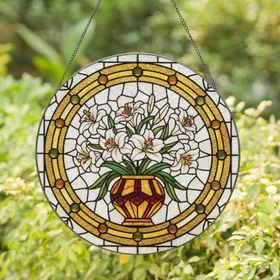 Tiffany Lilies Bouquet Amber Ruby Red Vase Golden Amber Jewel Border Mosaic - Home Decor Gift Stained Glass Suncatcher