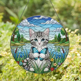 Stained Glass Grey Tabby Kitten Blue Butterfly - Home Decor Gift for Cat Lovers Stained Glass Suncatcher