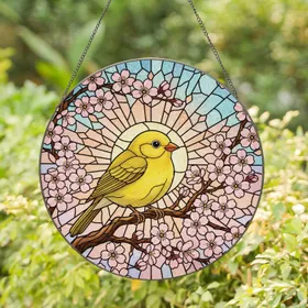 Canary Bird Cherry Blossoms Glowing Sky - Home Decor Gift for Bird Lover Stained Glass Suncatcher