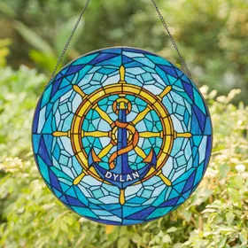 Nautical Ship Wheel Anchor Custom Name - Tiffany Glass Mosaic Ocean Waves Blue Teal Gift Stained Glass Suncatcher