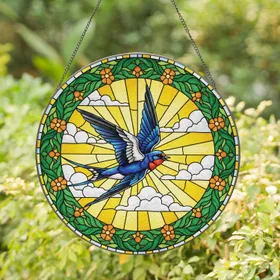 Barn Swallow Blue Sky Sun Rays Floral Border - Wildlife Lover Home Decor Gift Stained Glass Suncatcher