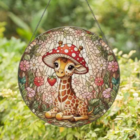 Baby Giraffe Mushroom Hat Strawberry - Tiffany Stained Glass Enchanted Forest Decor Gift Stained Glass Suncatcher
