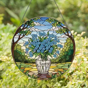Forget-Me-Not Flowers Custom Name Vase Tiffany Style Stained Glass Lush Foliage Sky Scene Stained Glass Suncatcher