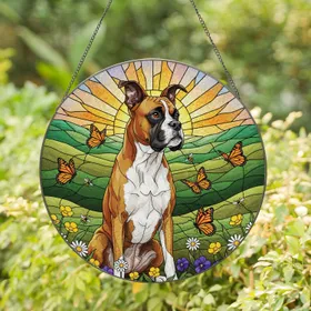 Fawn Boxer Dog Stained Glass with Butterflies & Wildflowers - Pet Lover Home Decor Art Stained Glass Suncatcher