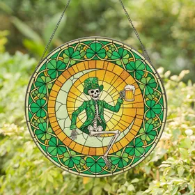 Festive Skeleton Green Top Hat Jacket Shamrock Moon Beer Mug - St. Patrick's Day Gift Stained Glass Suncatcher