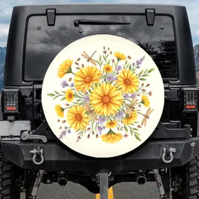 Yellow Calendula Dragonfly Wildflower - Wildlife Lover Gift Spare Tire Cover