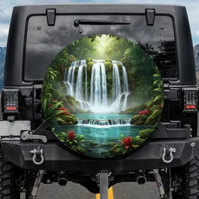 Multi-tiered Waterfall Lush Tropical Foliage Jungle Canopy - Nature Lover Gift Spare Tire Cover