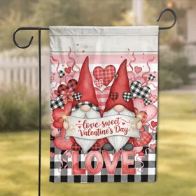 Gnomes Love Hearts Buffalo Plaid Valentine's Day - Holiday Home Decor Gift Garden Flag
