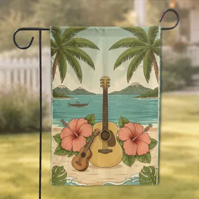 Vintage Acoustic Guitar Hibiscus Tropical Beach - Travel Decor Gift for Musicians Garden Flag