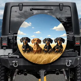 Black Tan Golden Brown Dachshund Dogs Golden Field Blue Sky Cumulus - Travel Enthusiast Gift Spare Tire Cover
