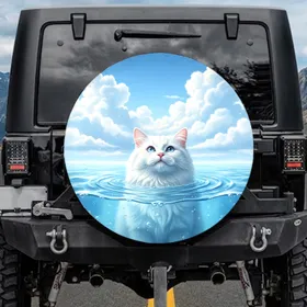 Fluffy White Cat Light Blue Eyes Sparkling Water Sky Clouds - Cat Lover Car Decor Gift Spare Tire Cover
