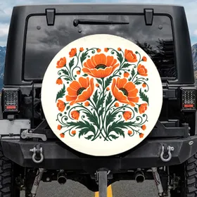 Orange Poppy Flowers Green Foliage Blooms Cream Background - Outdoor Lifestyle Spare Tire Cover