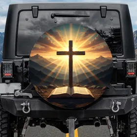 Rugged Wooden Cross Ancient Book Sunset Mountains - Faith Lifestyle Gift Spare Tire Cover