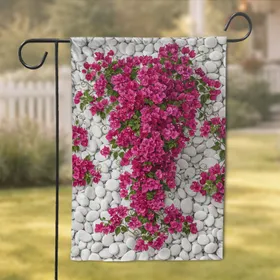 Lush Magenta Pink Bougainvillea Foliage River Pebbles Floral Home Decor Gift Garden Flag