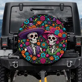 Calaveras Sugar Skulls Sombrero Floral Blooms - Day of the Dead Celebration Gift Spare Tire Cover