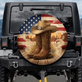 Western Cowboy Boots Hat Rustic American Flag Wild West Decor Gift for Cowboys Spare Tire Cover